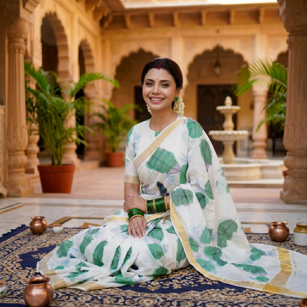 Golden zari weaved  Botanic Printed Kerala cotton Saree