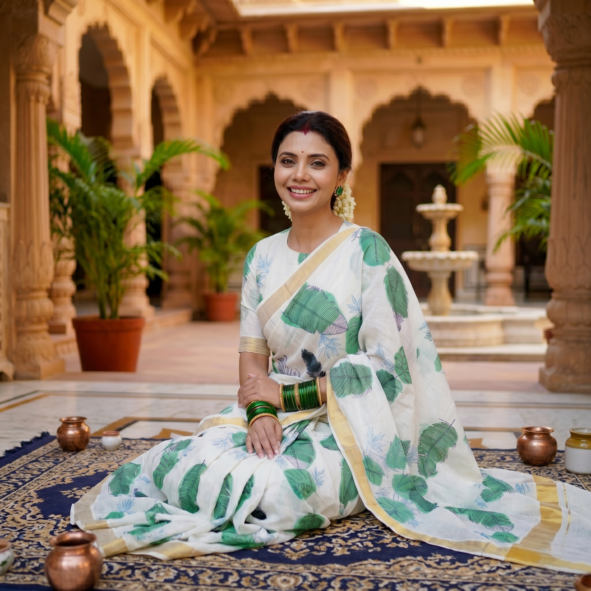 Golden zari weaved  Botanic Printed Kerala cotton Saree