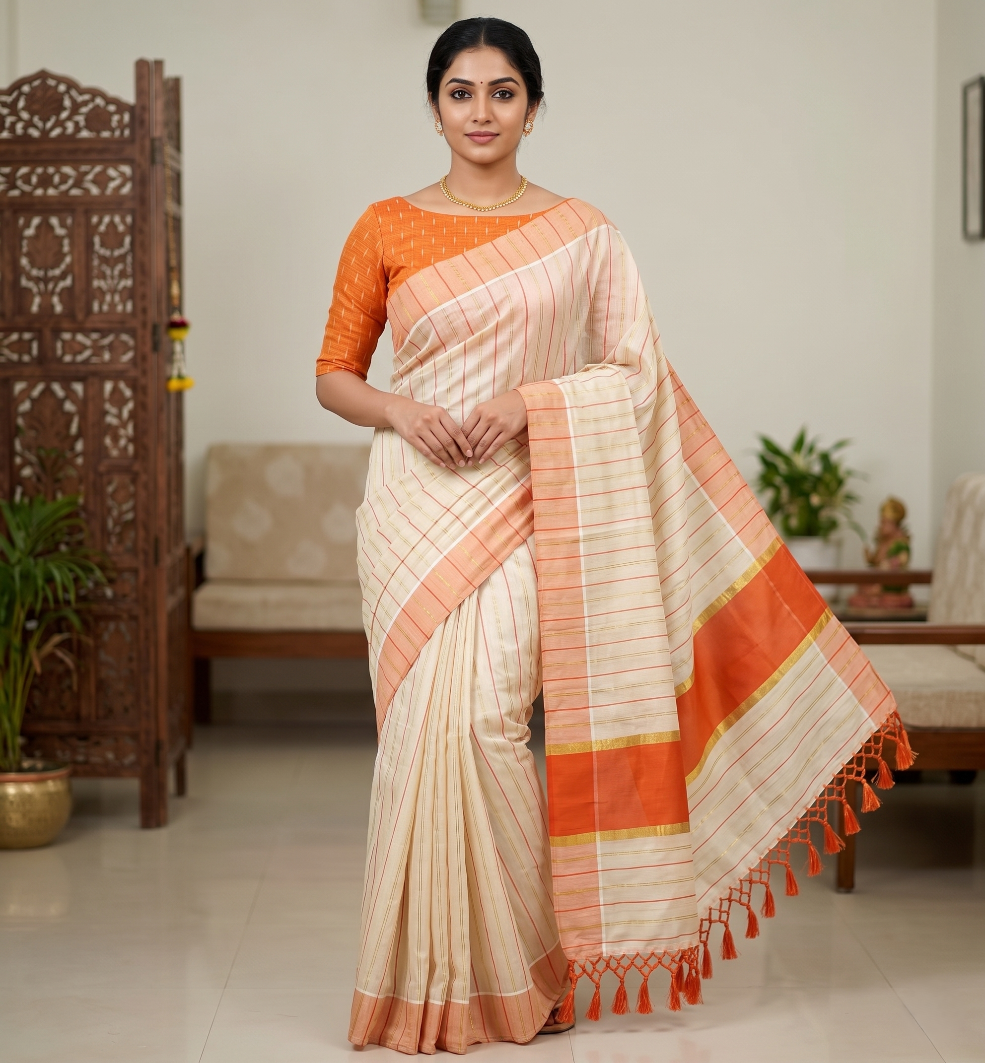 Orange Vertical Striped Tissue Cotton Kerala Saree With Matching Blouse