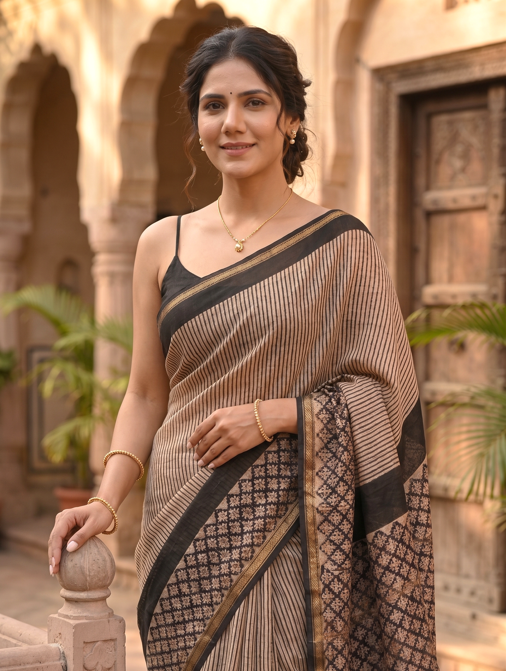 Beige Black Vertical Striped Pure Chanderi Silk Saree