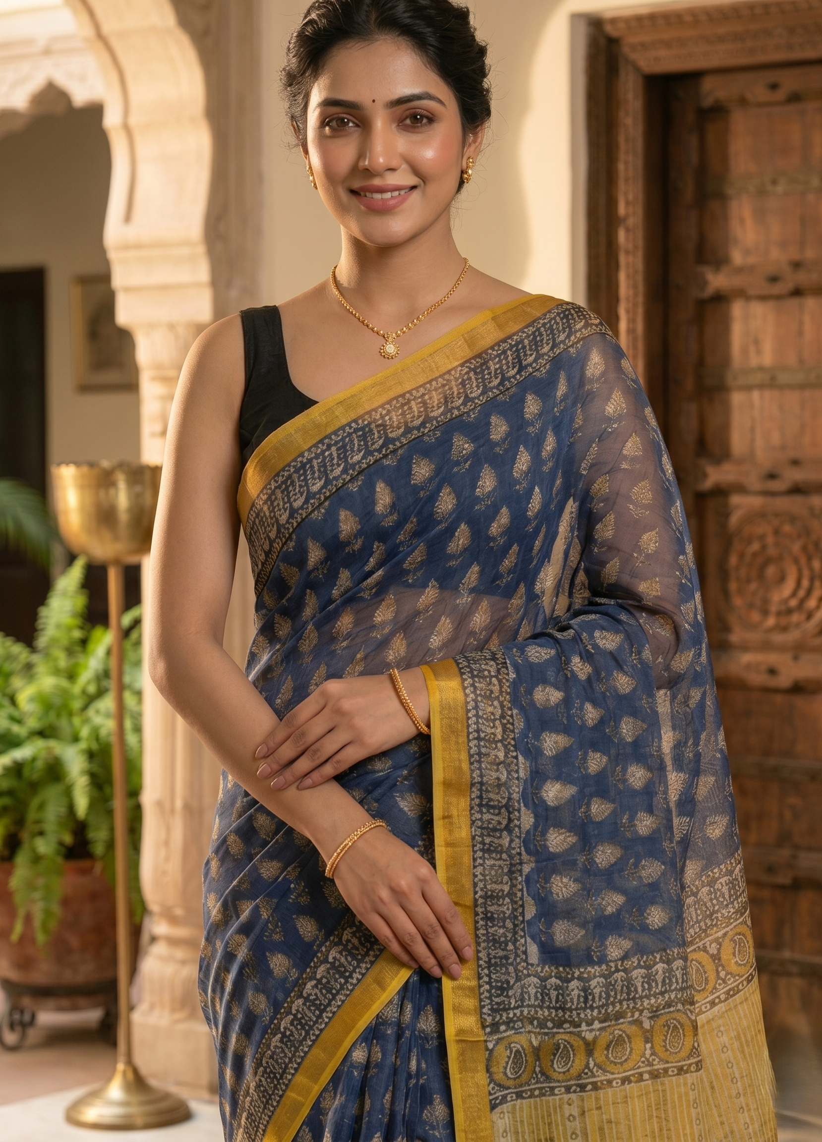 Idigo Yellow Hand Block Printed Kota Doria Saree