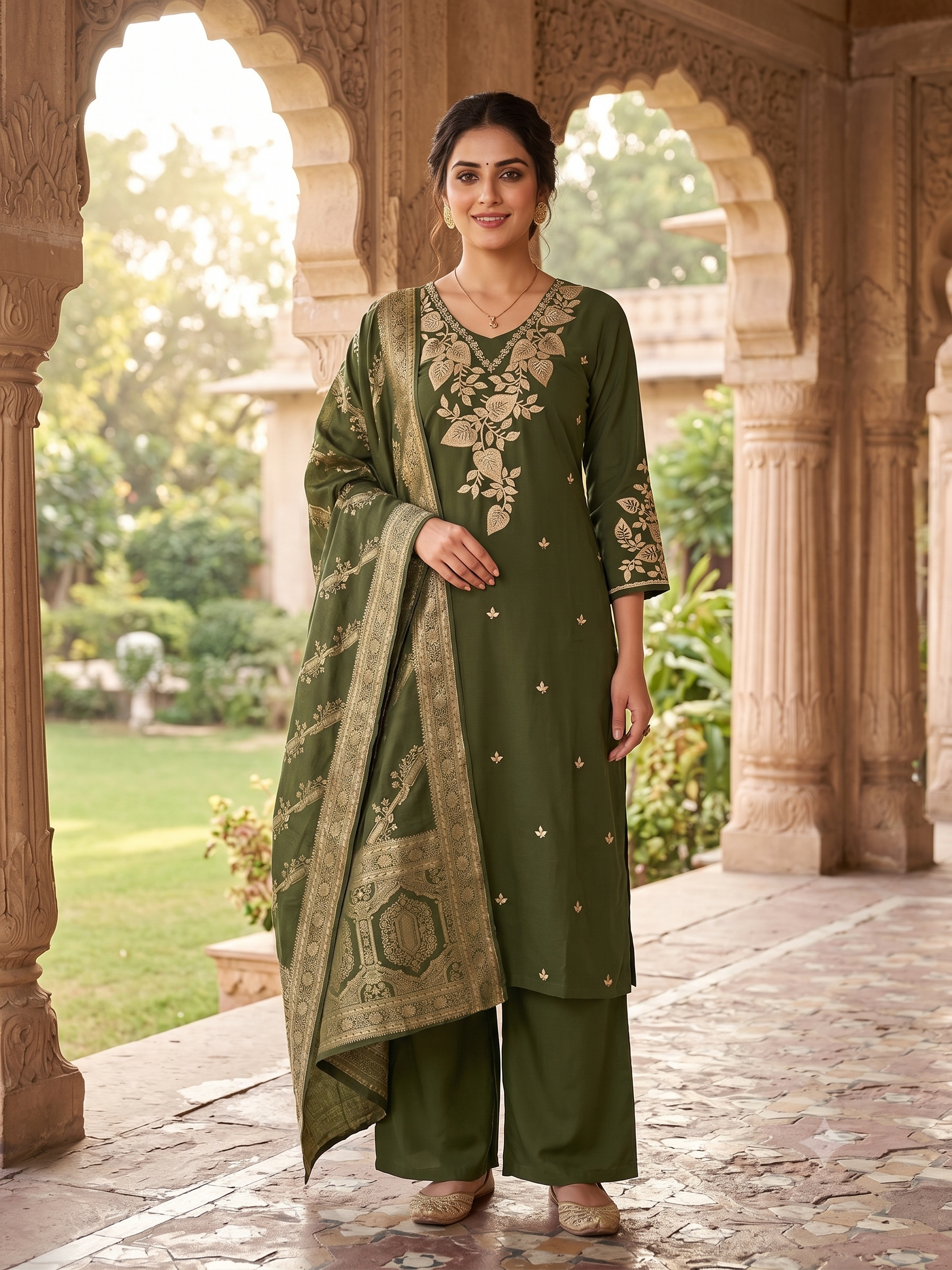 Solid mehandi Green Embroidered Roman silk Kurti Palazzo With Zari Woven Dupatta