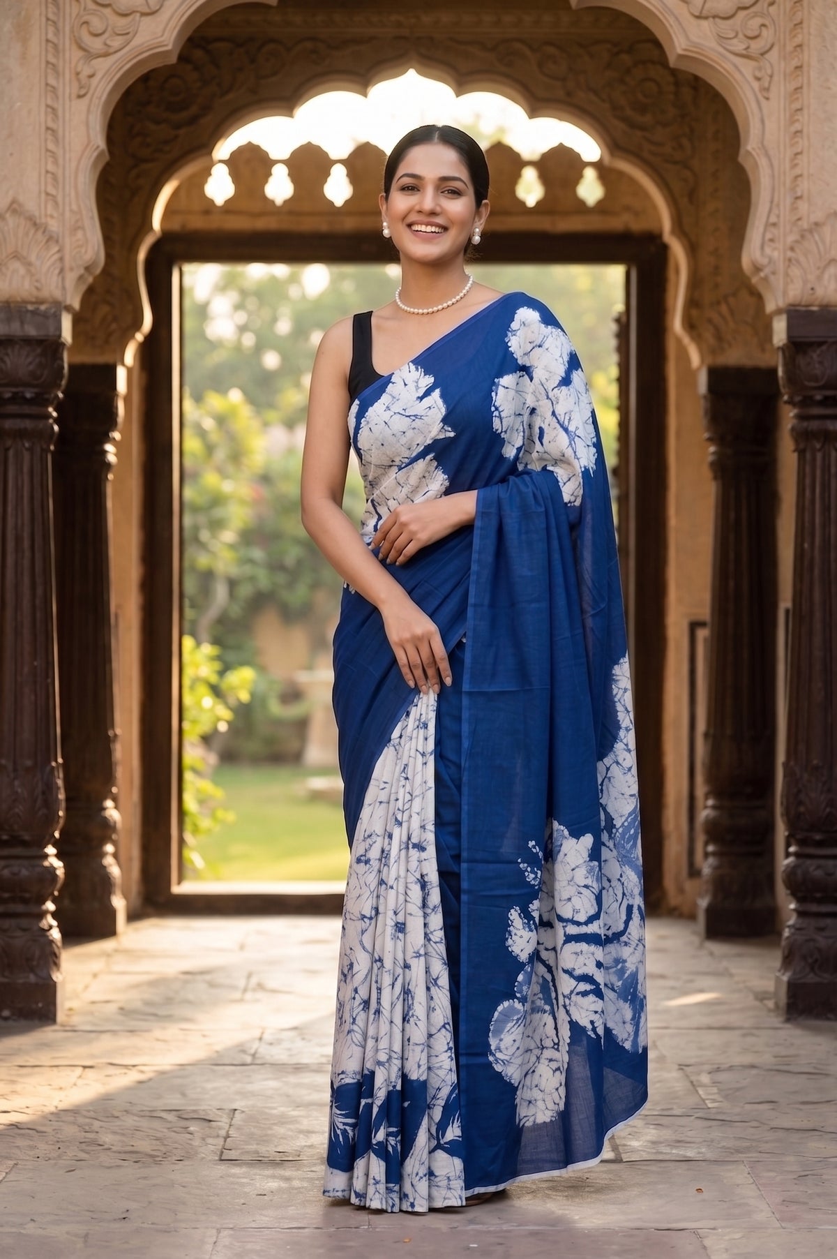 Indigo White Hand Block Printed Mul Cotton Saree