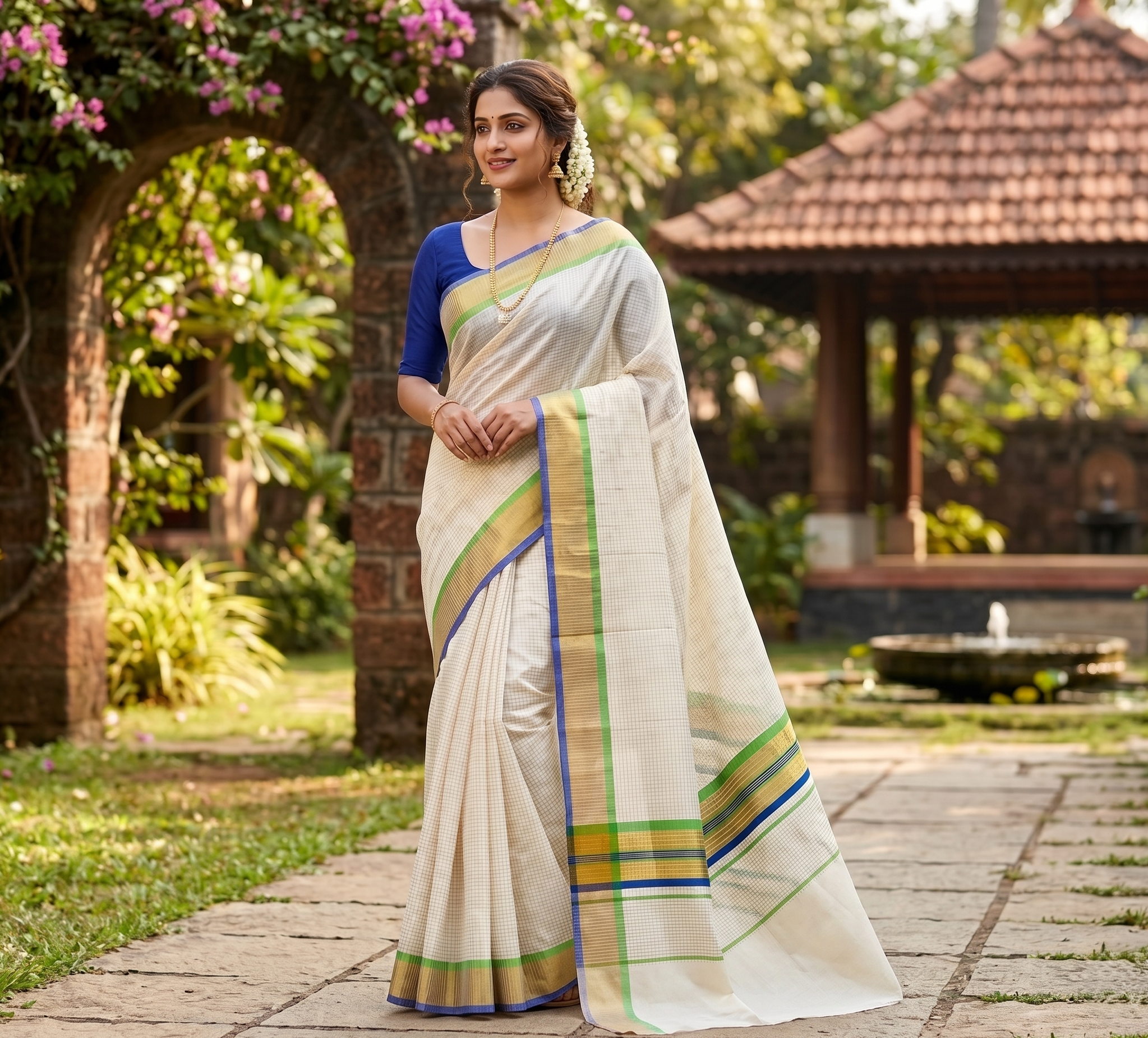 Small Checkered With Golden Zari Border Kerala Cotton Saree