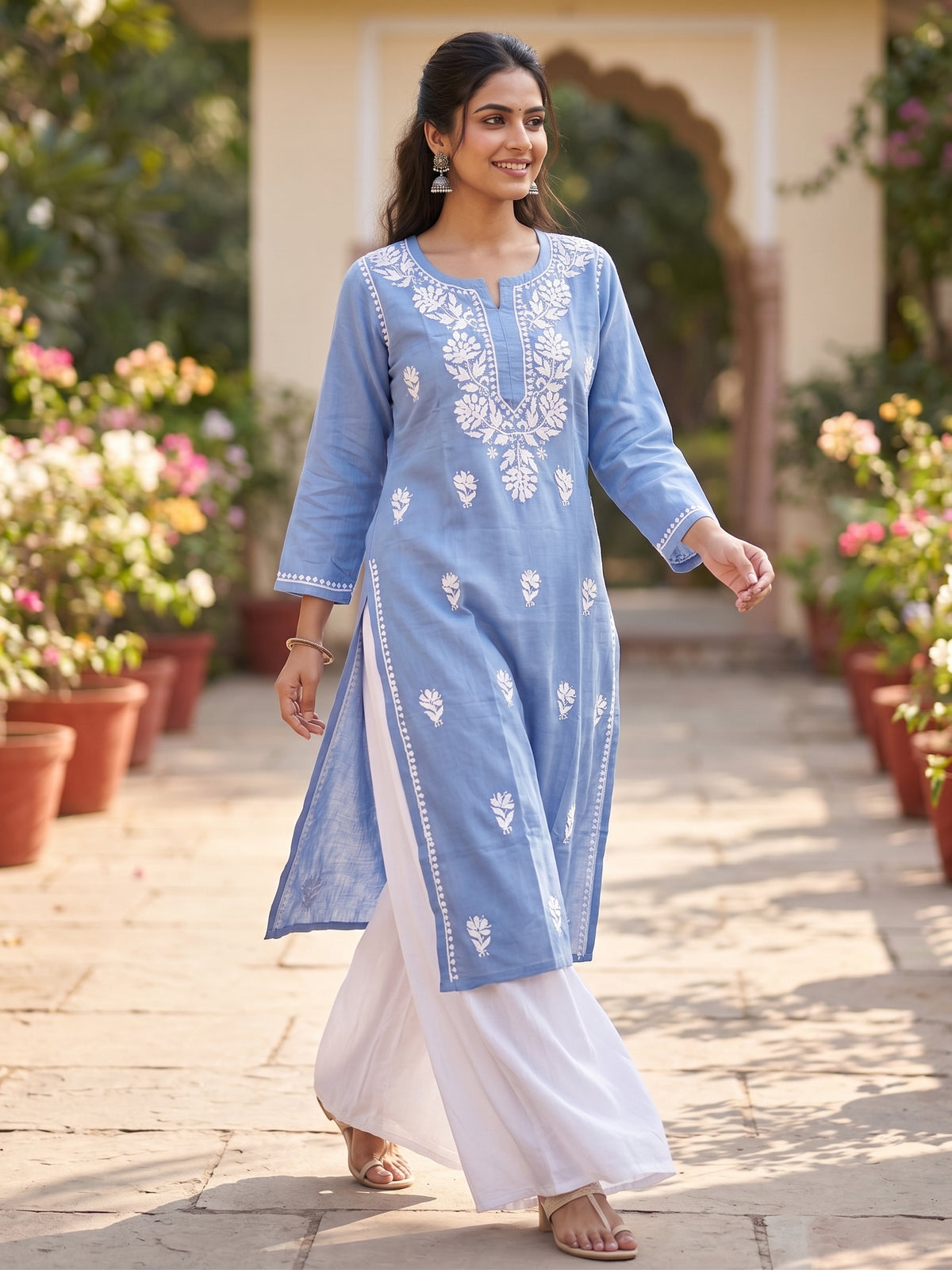 Light Blue Hand Embroidered Chikankari Kurti Top