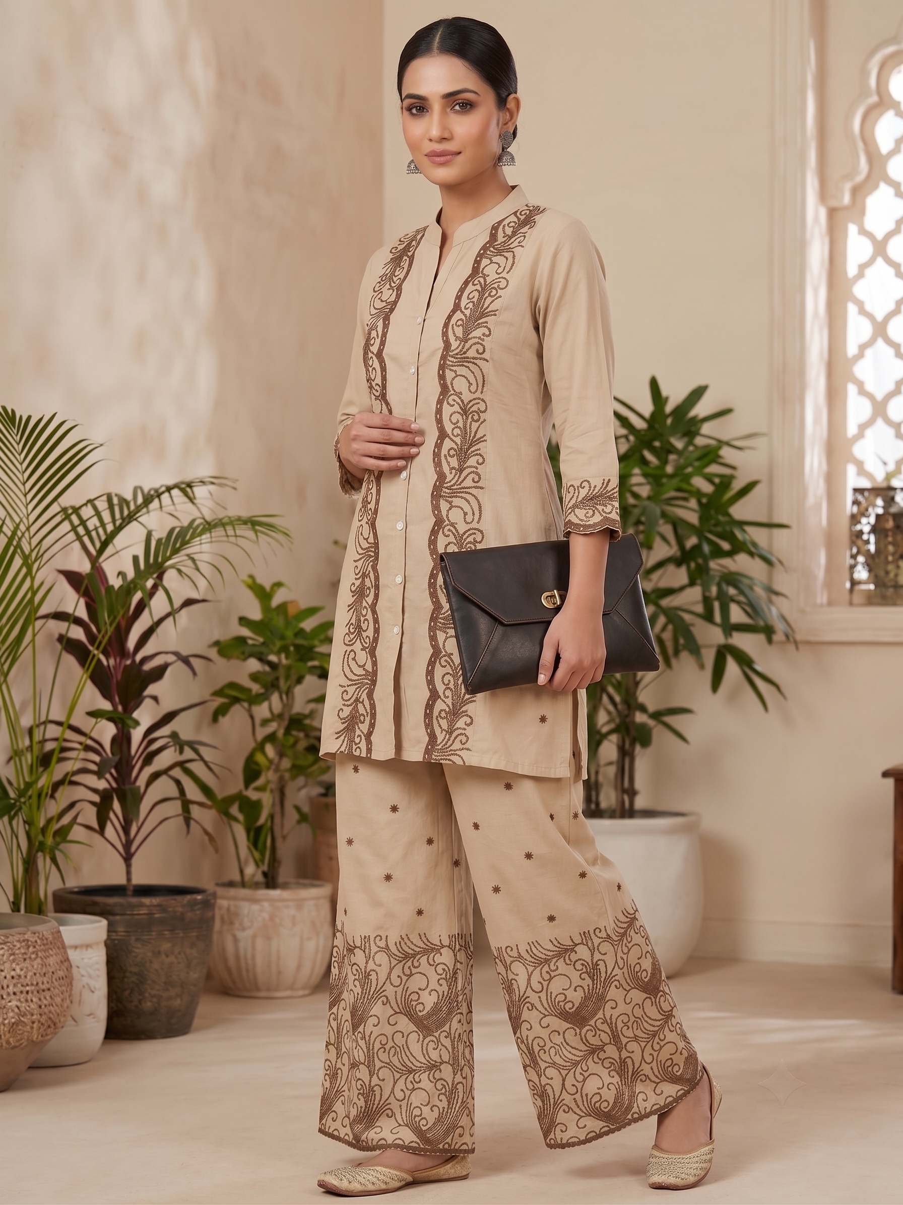 Beige & BrownEmbroidered Kurti with palazzo Set