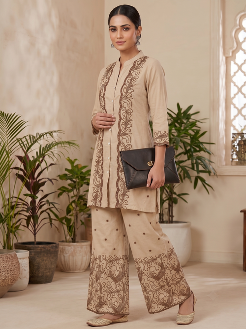 Beige & BrownEmbroidered Kurti with palazzo Set