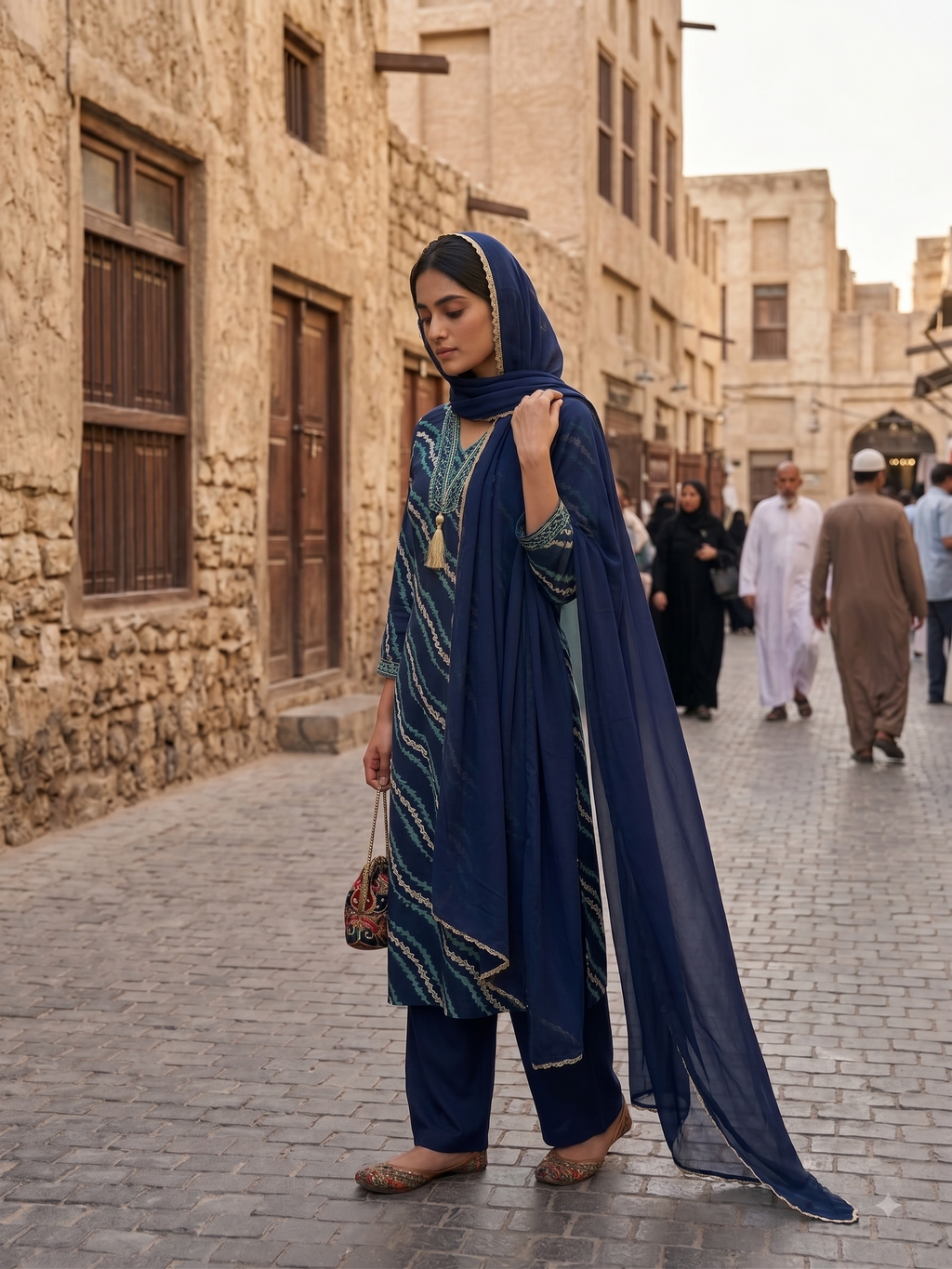 Blue Printed Yoke Embroidered Rayon silk Kurti Palazzo With  Dupatta