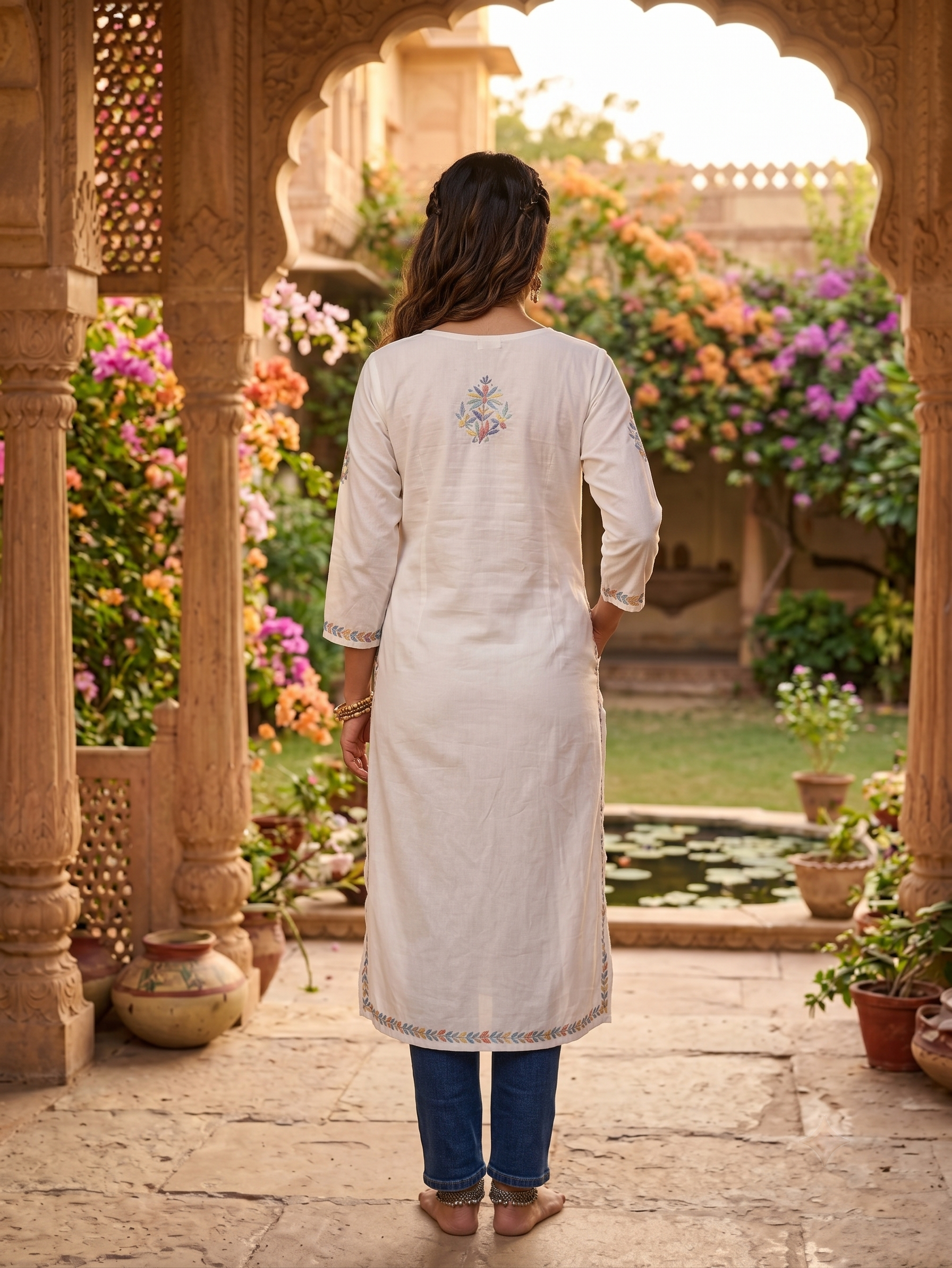 Ivory with Multi Thread Hand Embroidered Chikankari Kurti Top