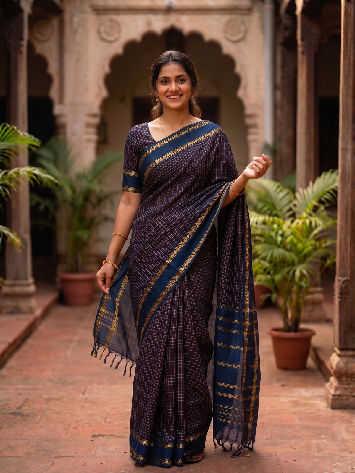 Deep Blue Micro checkered Kalyani cotton saree with Golden zari border