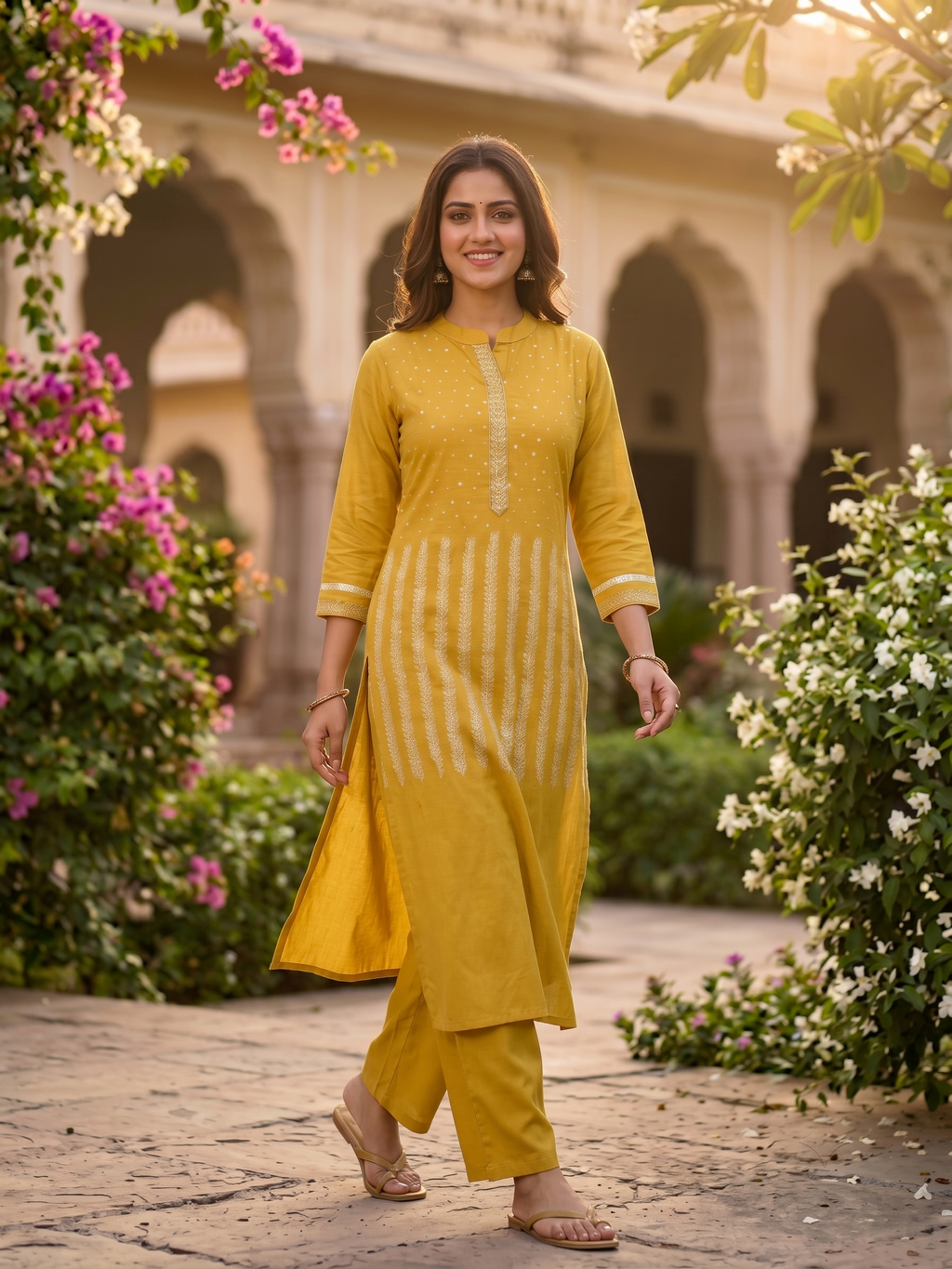 Golden Yellow Printed Embroidered Silk Kurti with palazzo Set