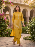 Golden Yellow Printed Embroidered Silk Kurti with palazzo Set