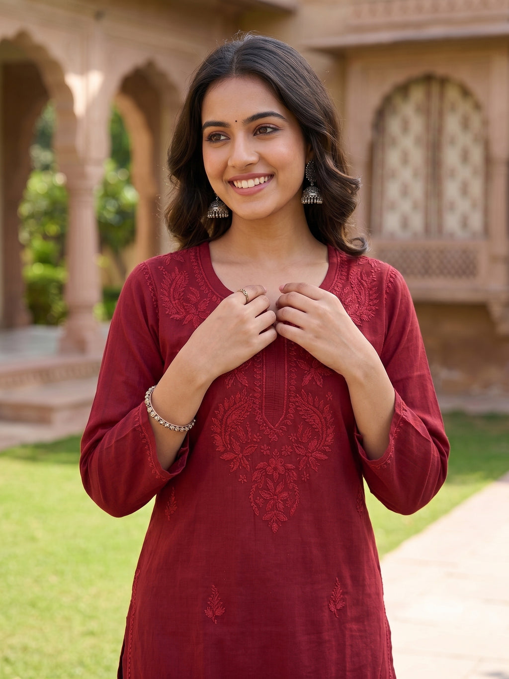 Green Cotton Hand Embroidered Chikankari Kurti Top (Copy)