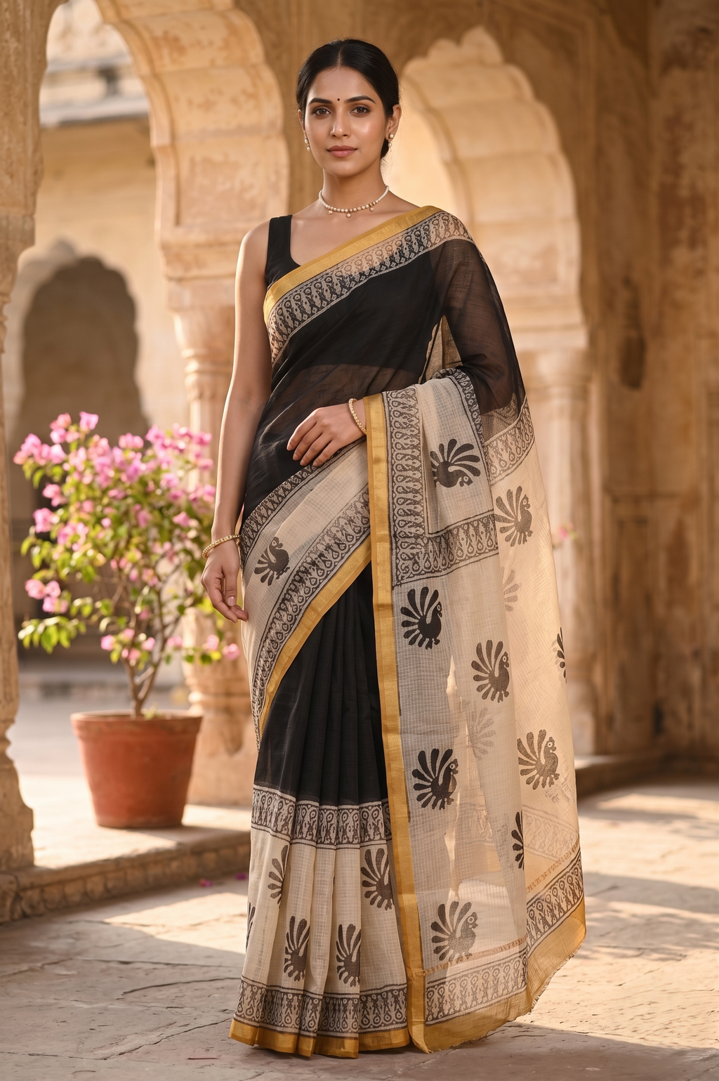 Beige Black Hand Block Printed Kota Doria Saree