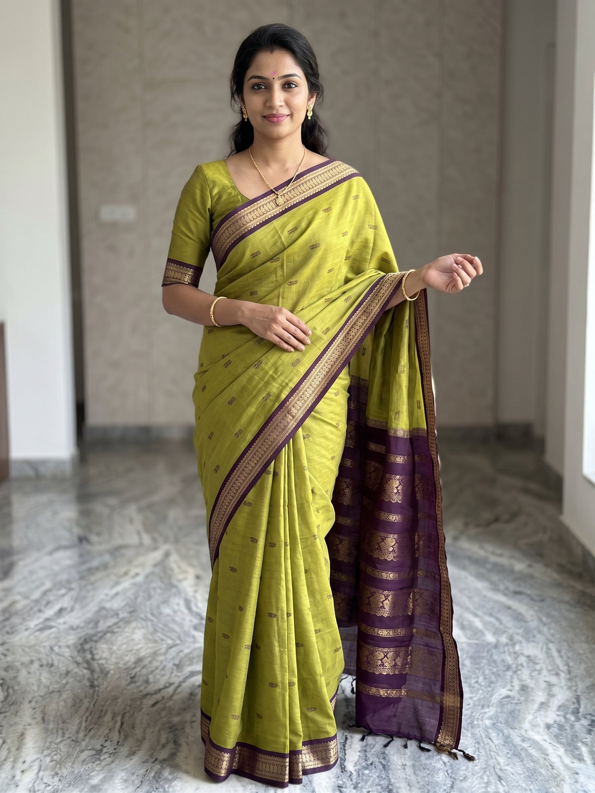 Olive with Wine Border Kalyani Cotton Saree