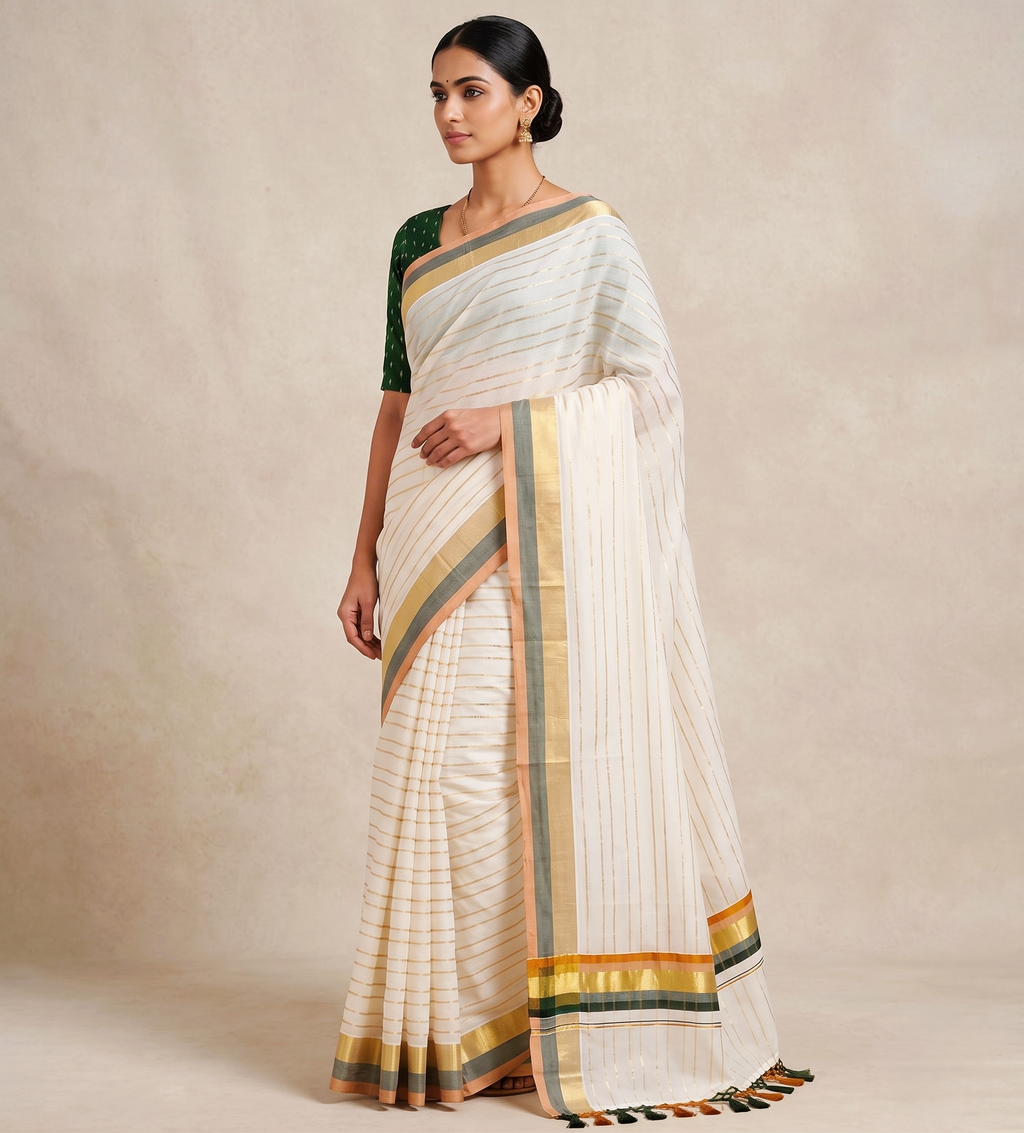 Zari Woven Striped with Muti Border Kerala Cotton Saree