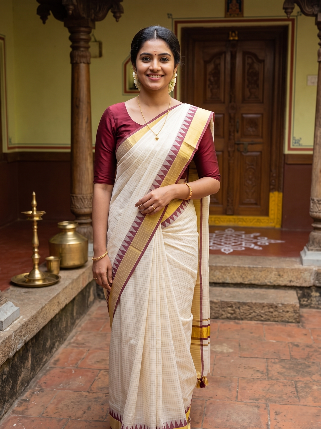 Small Checkered With Temple Border Kerala Cotton Saree