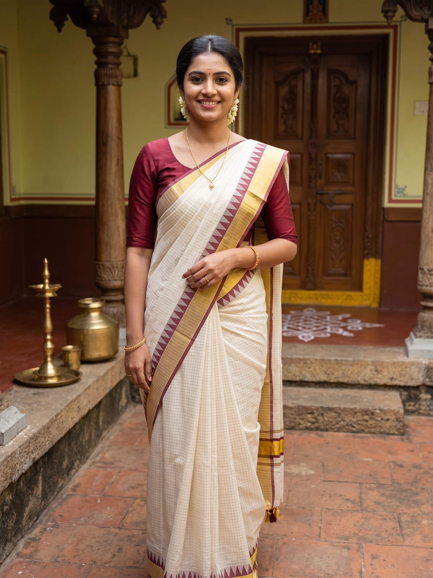 Small Checkered With Temple Border Kerala Cotton Saree