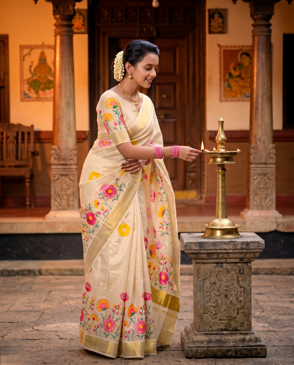 Floral Printed Kerala Tissue Cotton Saree with Zari Border