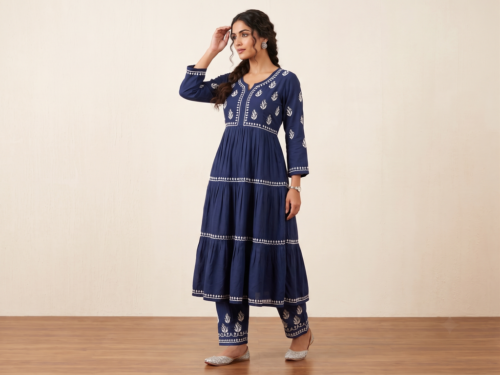 Solid Navy Rayon Hand Embroidered Chikankari Kurti with palazzo Set