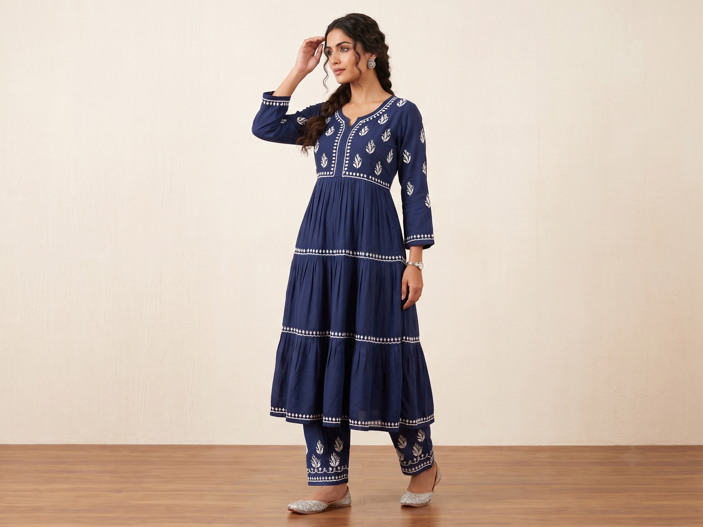 Solid Navy Rayon Hand Embroidered Chikankari Kurti with palazzo Set
