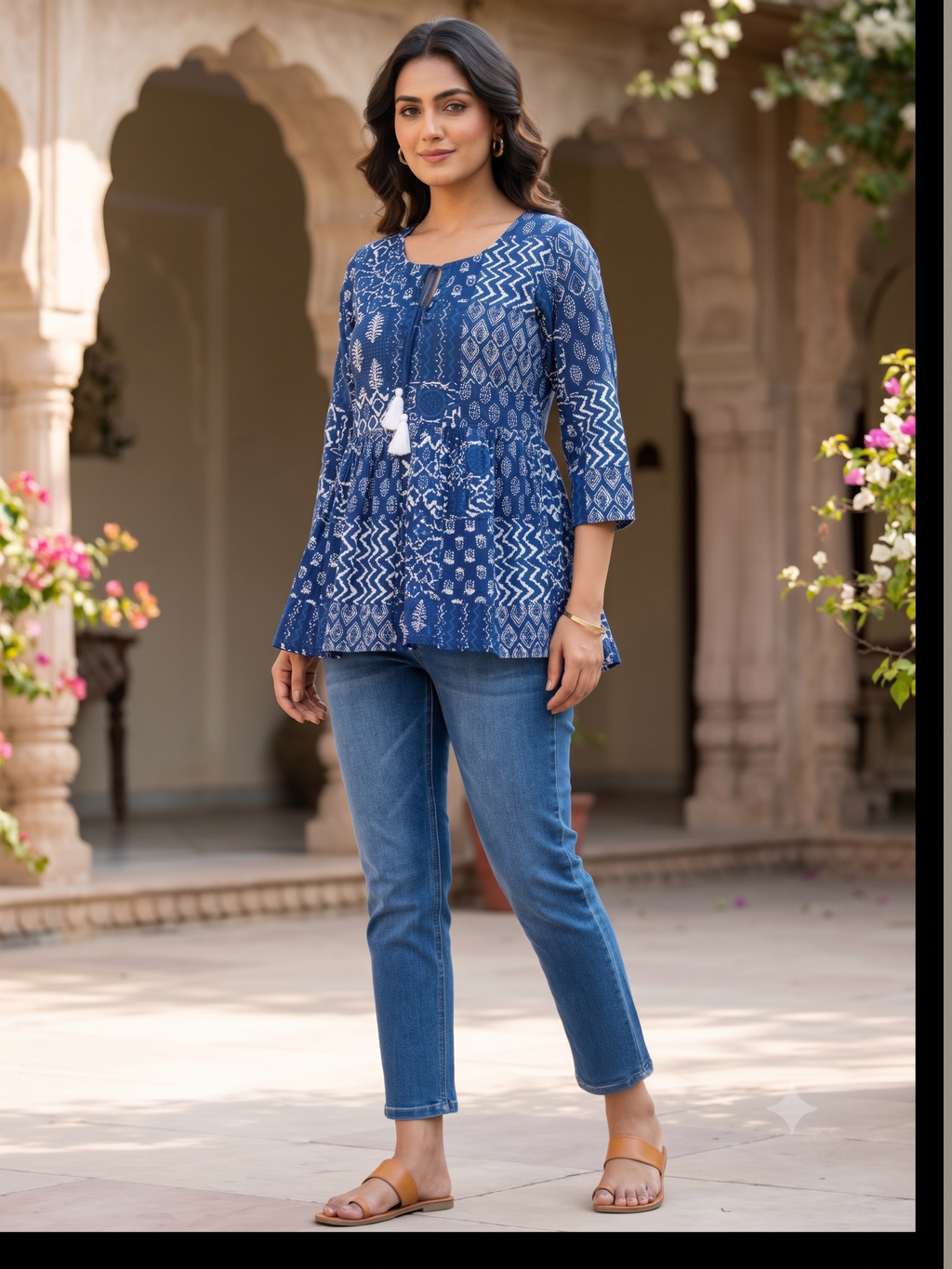 Indigo Printed Cotton Peplum Top