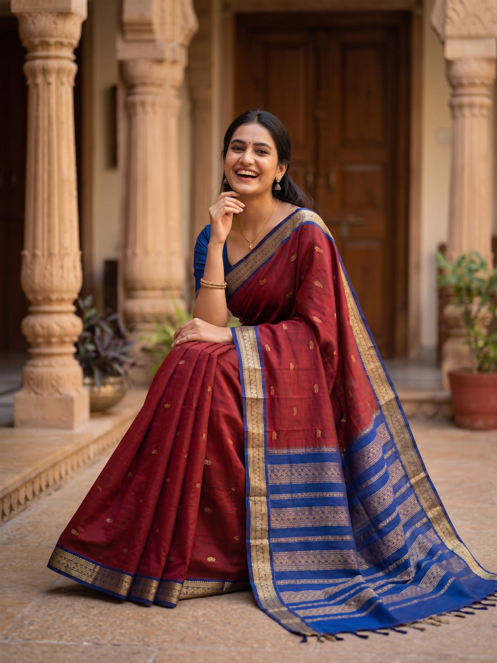 Maroon with Blue Border Kalyani Cotton Saree