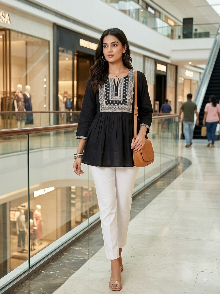 Yoke Embroidered Black Rayon Peplum Top