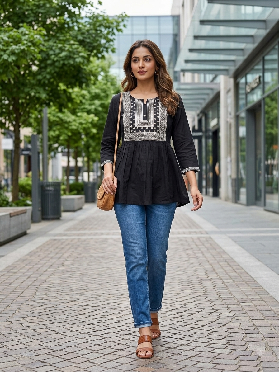 Yoke Embroidered Black Rayon Peplum Top