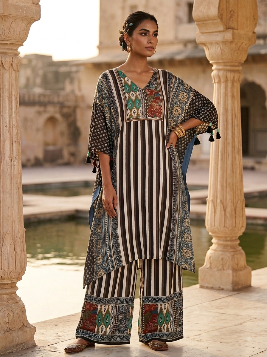 Butter Muslin Printed Embroidered Kaftan with Palazzo Pants