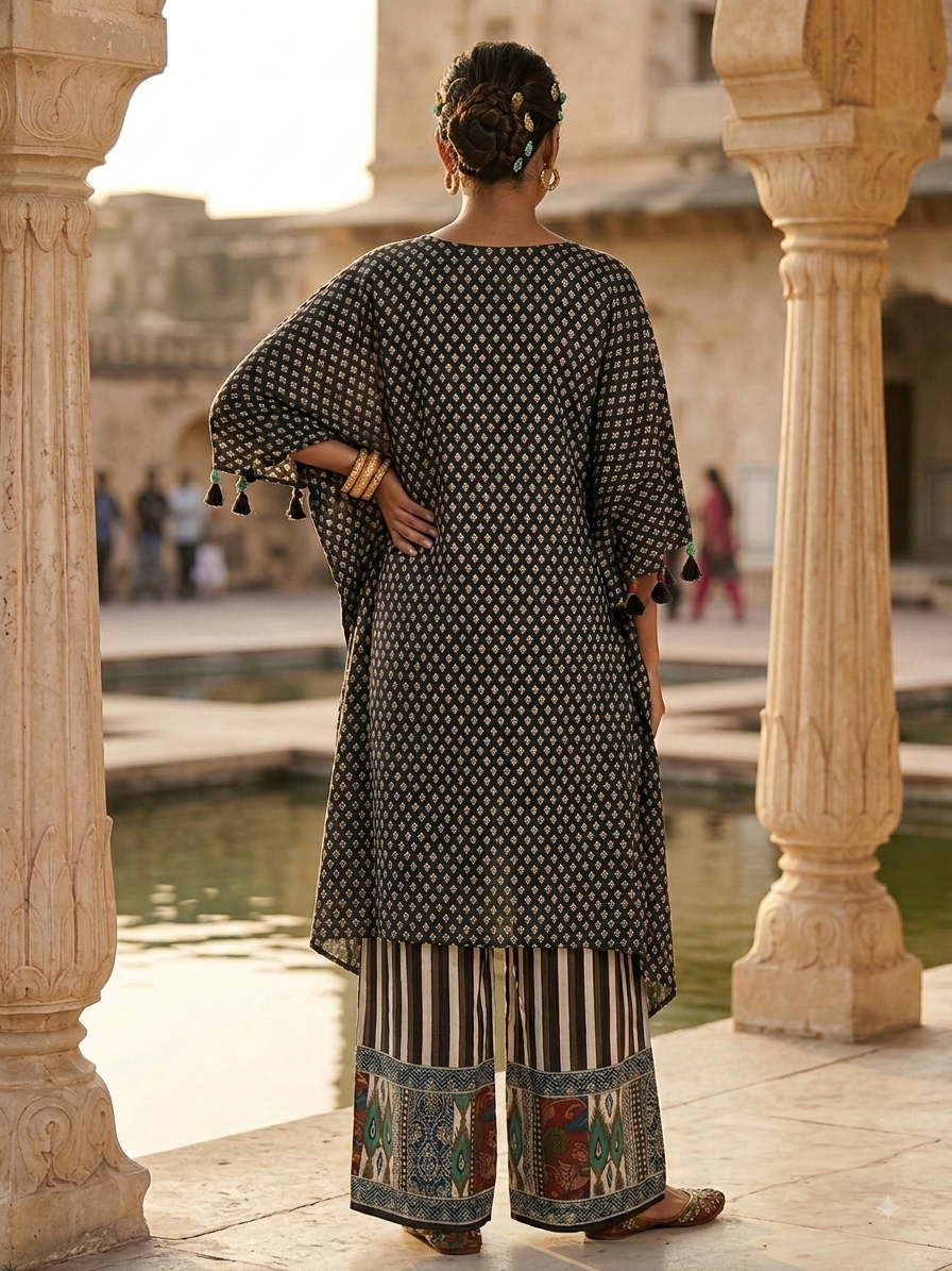Butter Muslin Printed Embroidered Kaftan with Palazzo Pants