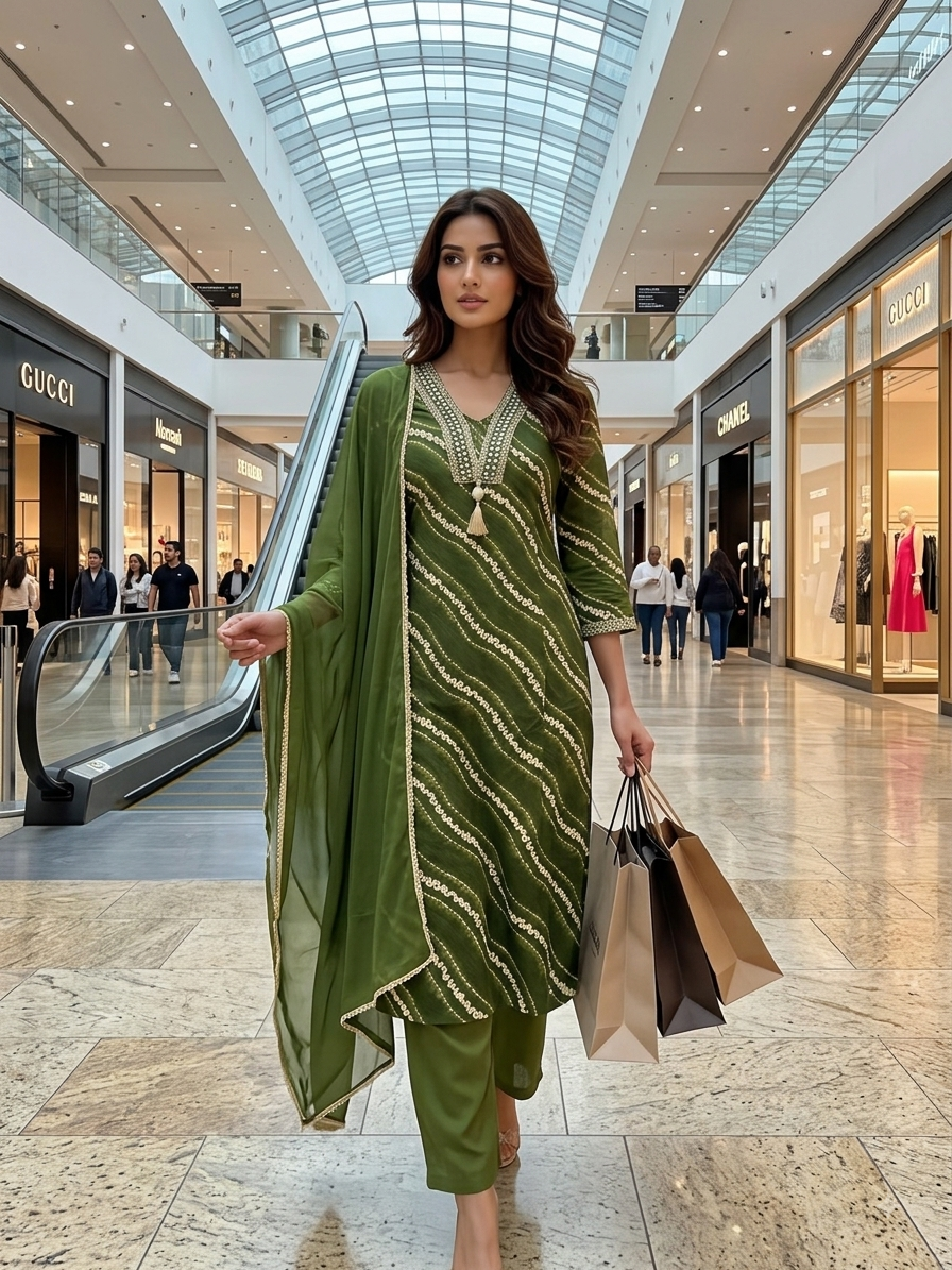 Green Printed Yoke Embroidered Rayon silk Kurti Palazzo With  Dupatta