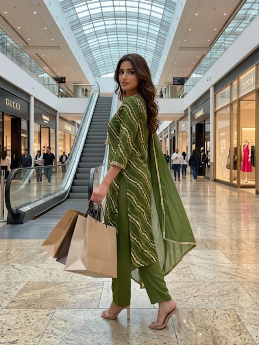 Green Printed Yoke Embroidered Rayon silk Kurti Palazzo With  Dupatta