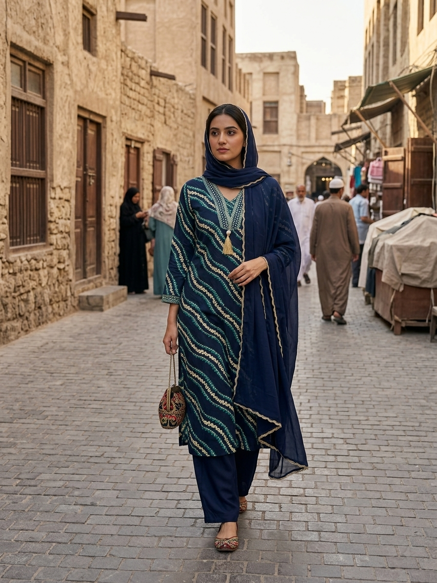 Blue Printed Yoke Embroidered Rayon silk Kurti Palazzo With  Dupatta