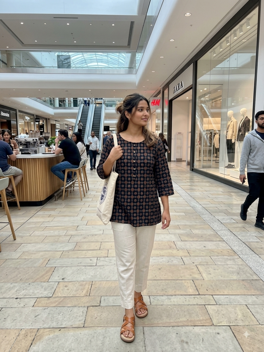 Navy Printed Rayon Short Kurti Top