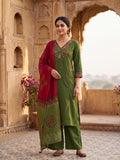 Solid Green Ajrak Patched with Embroidery Dhabu Cotton Kurti Set