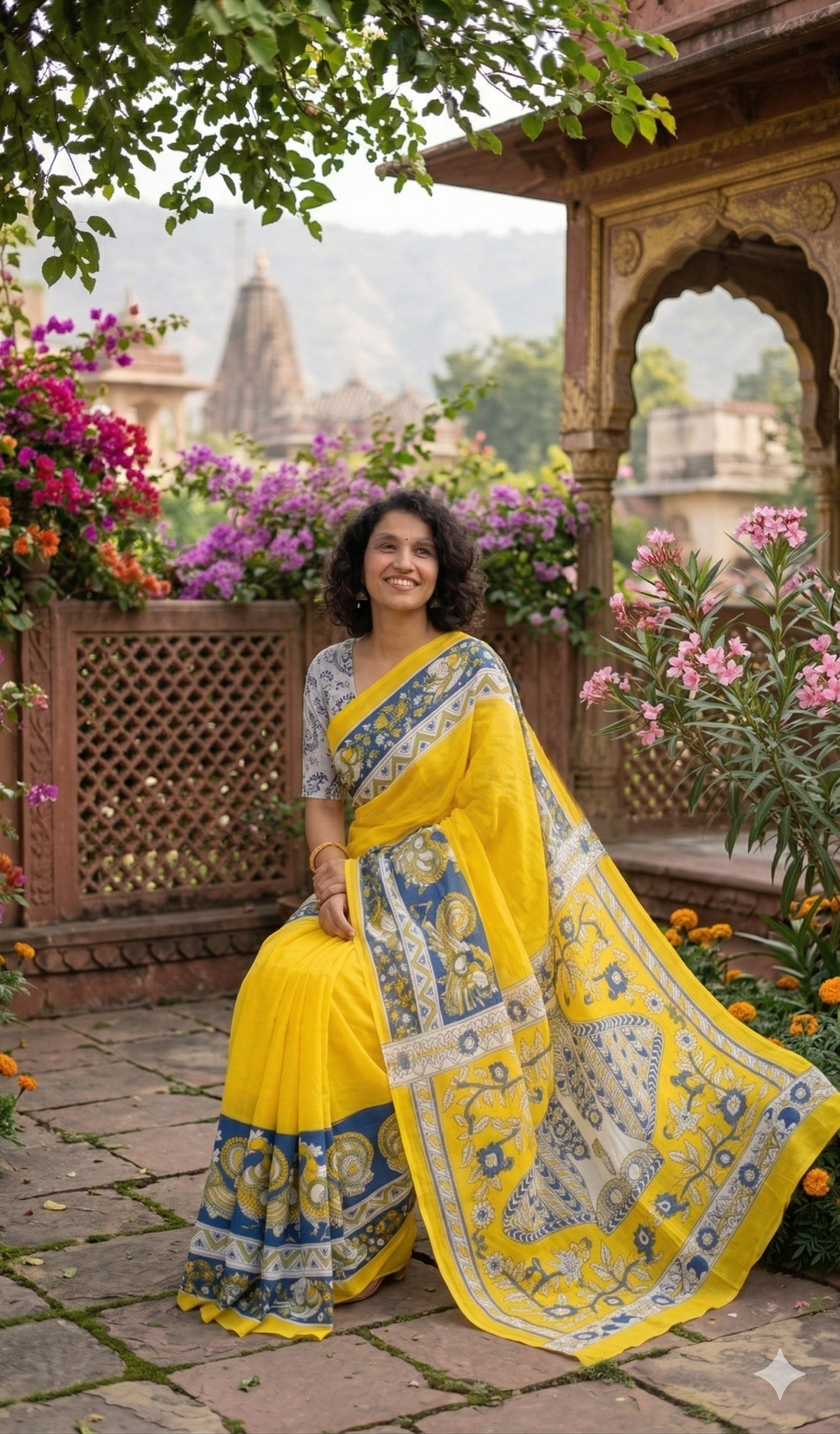 Yellow & Indigo Hand Printed Mul Cotton Saree