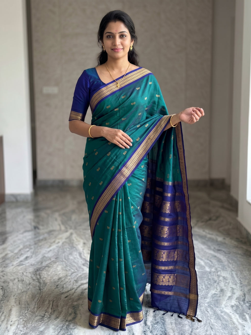 Rama and Violet Border Kalyani Cotton Saree