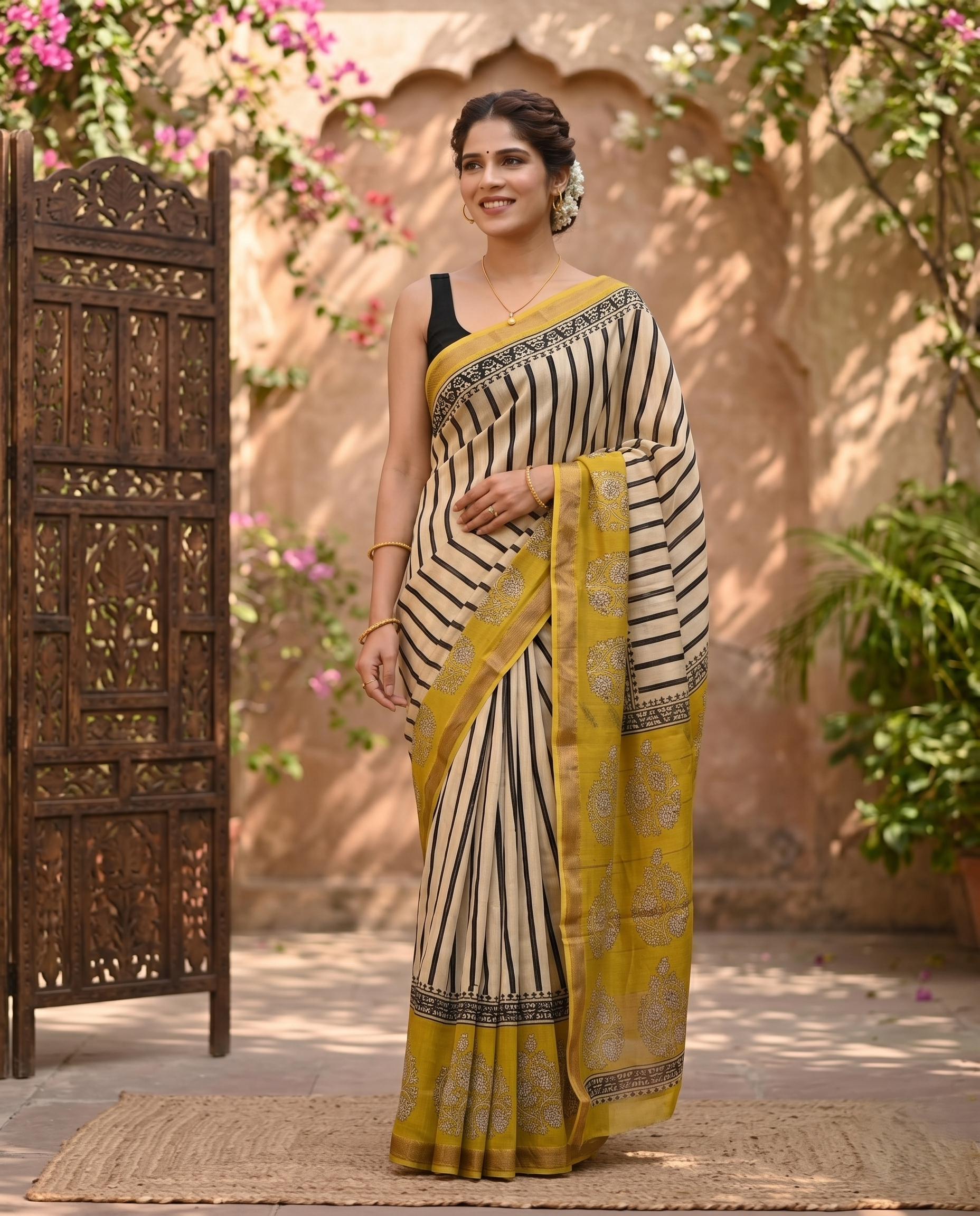 Black & Yellow Vertical Striped Pure Maheswari Silk Saree