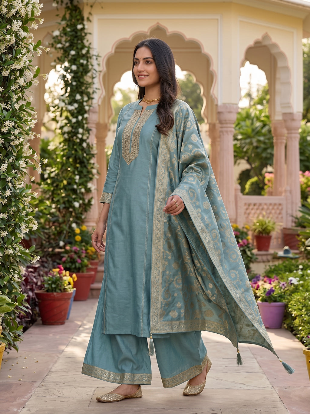 Pastel Teal Chanderi Kurti Pants Set With Banarsi Dupatta