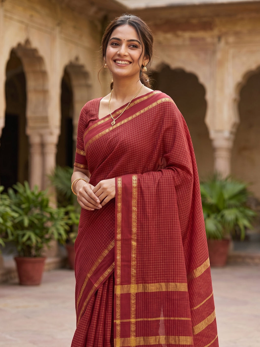 Red Micro checkered Kalyani cotton saree with Golden zari border