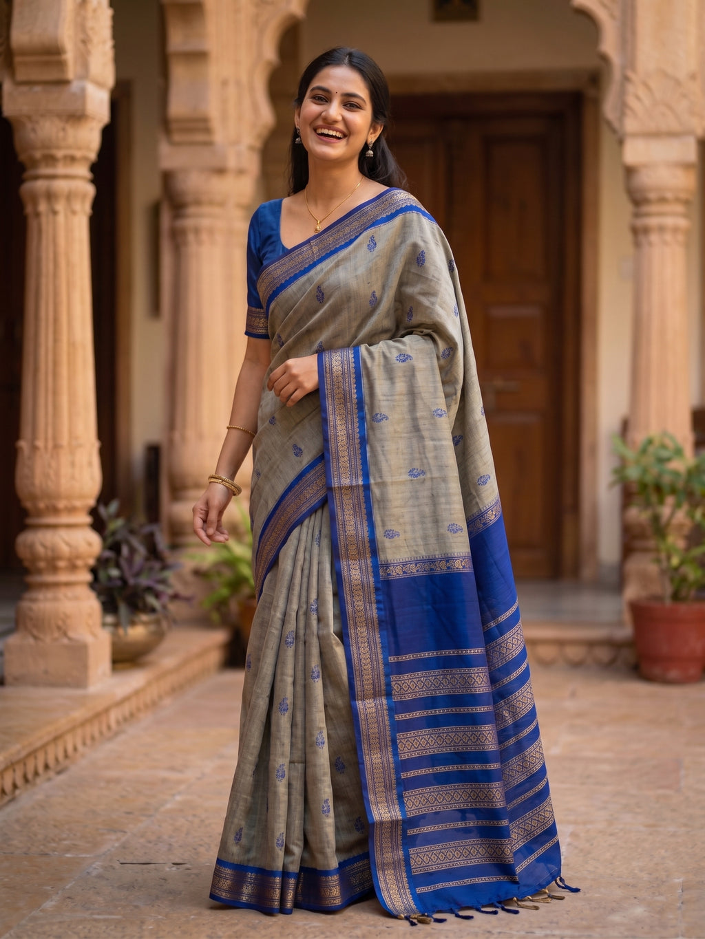 Grey with Blue Border Kalyani Cotton Saree