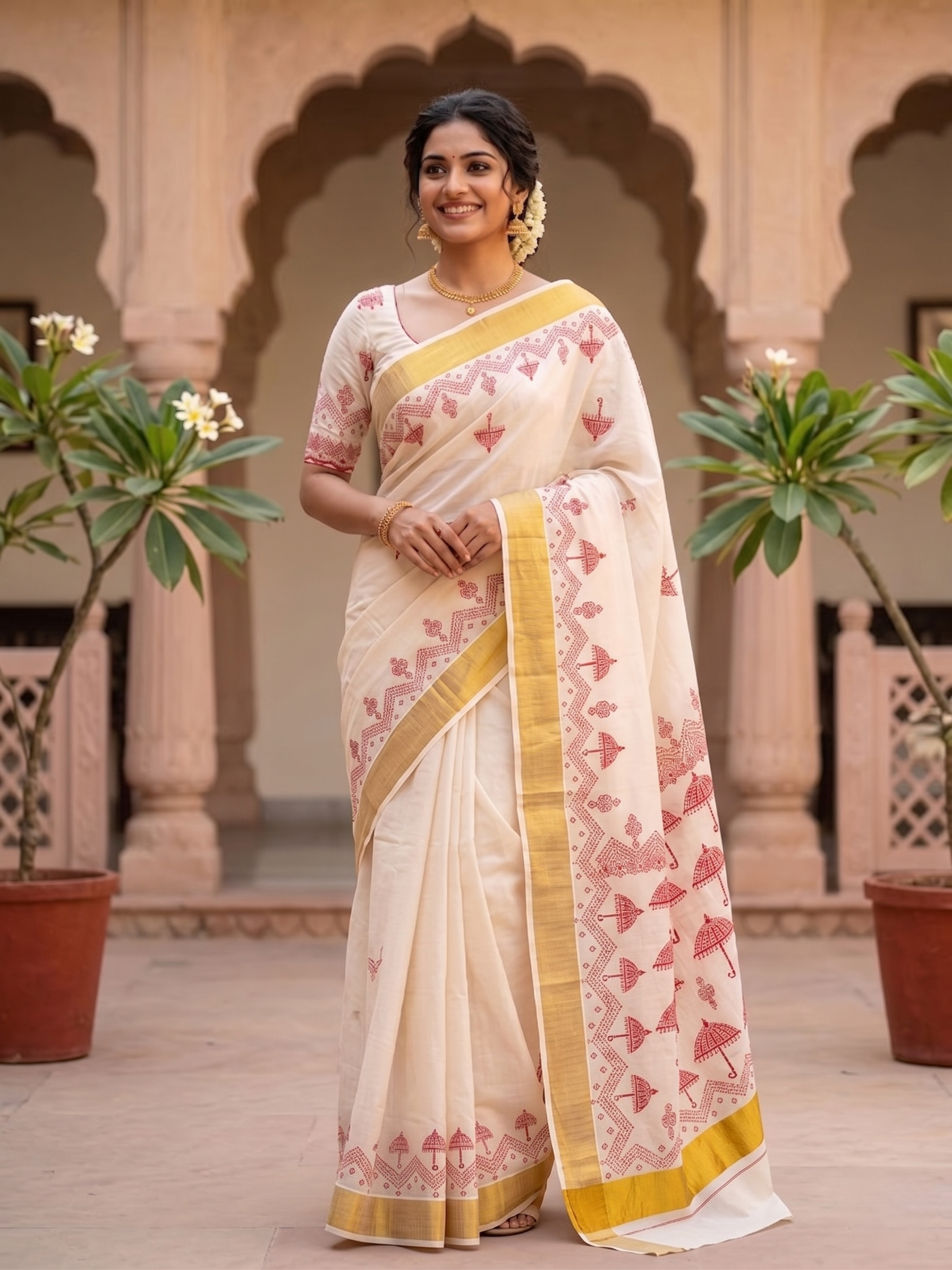 Pooram Kuda Motif Printed Kerala Tissue Cotton Saree with Zari Border