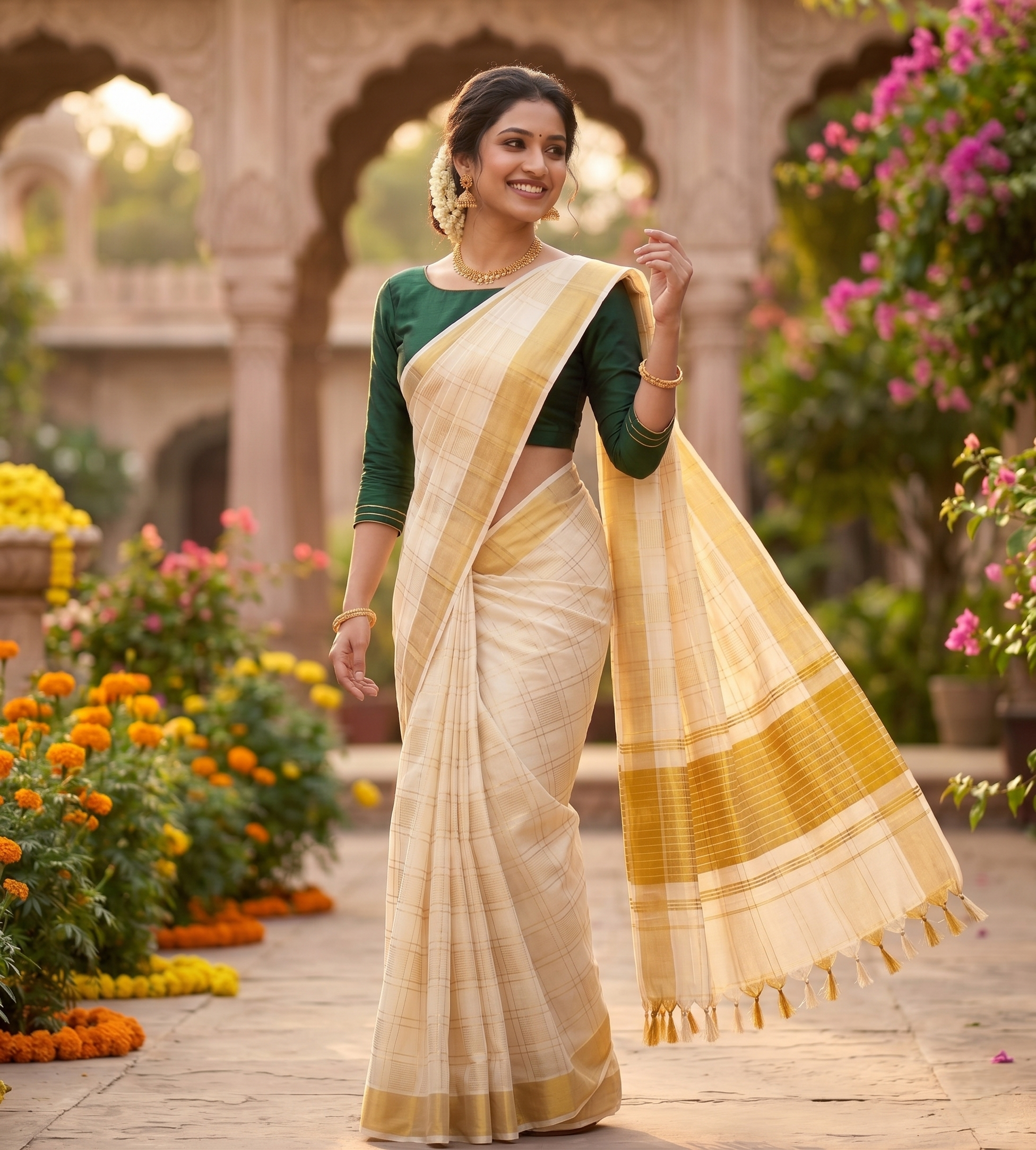 Golden Zari  Weaved kerala  Cotton Saree
