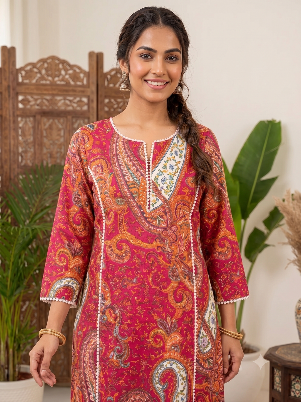 Princes Cut with Lace Detailing Paisely Printed  Cotton Kurti  (Top Only)