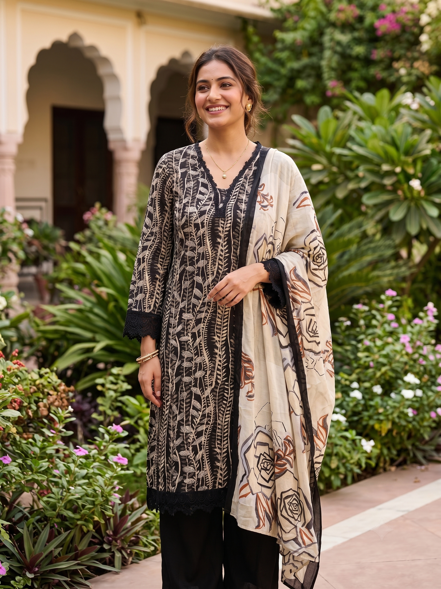 Printed Embroidered Musleen Kurti Palazzo With Dupatta