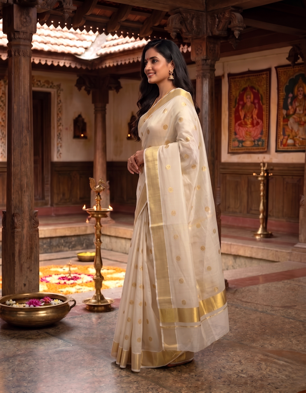 Golden Zari  Polka Weaved kerala Tissue Cotton Saree