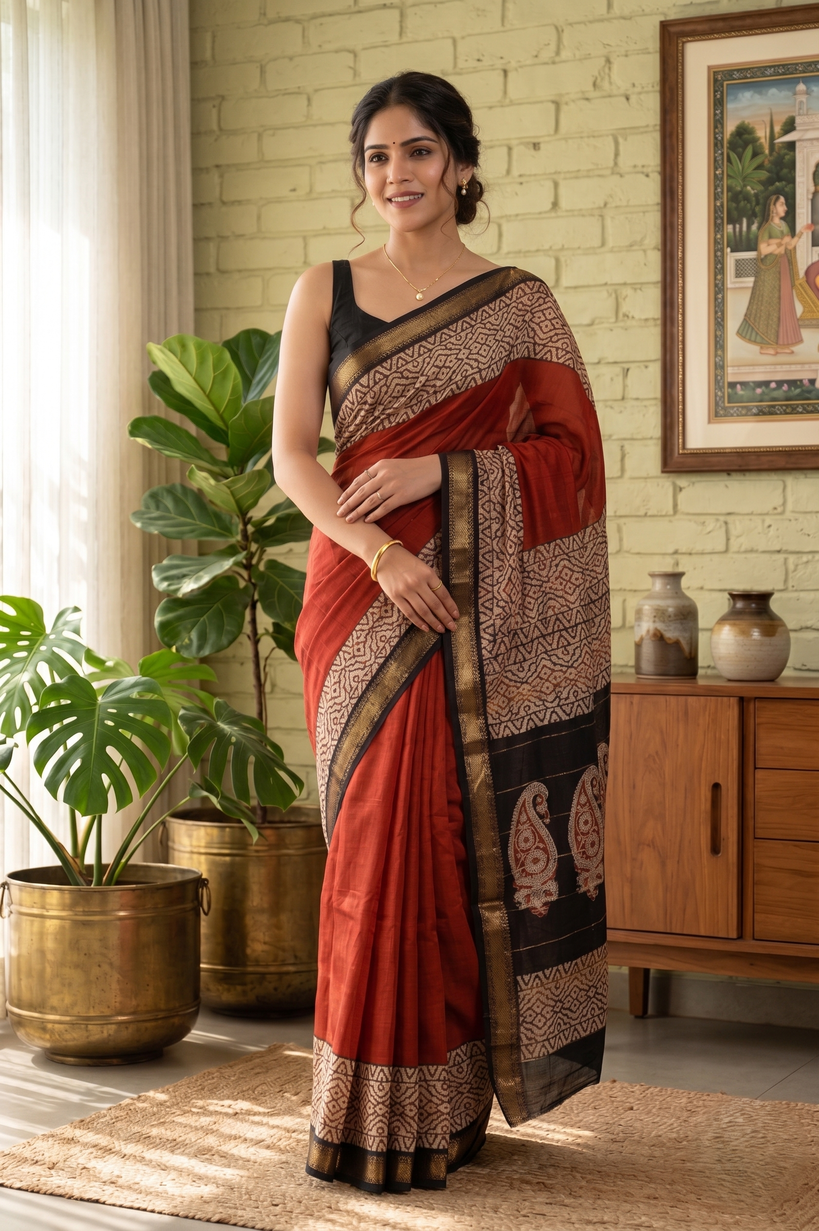 Black & Maroon Hand Block Printed Pure Maheswari Silk Saree