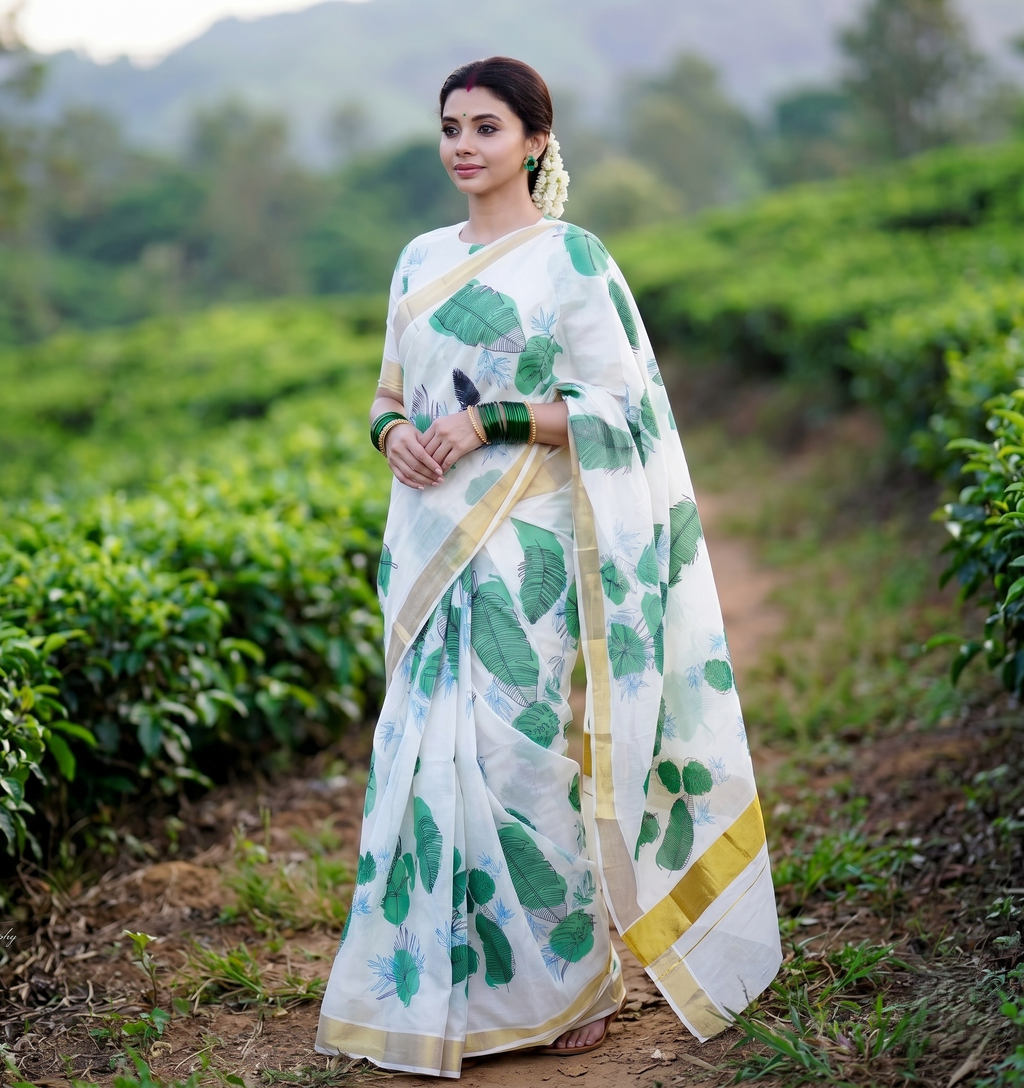 Golden zari weaved  Botanic Printed Kerala cotton Saree
