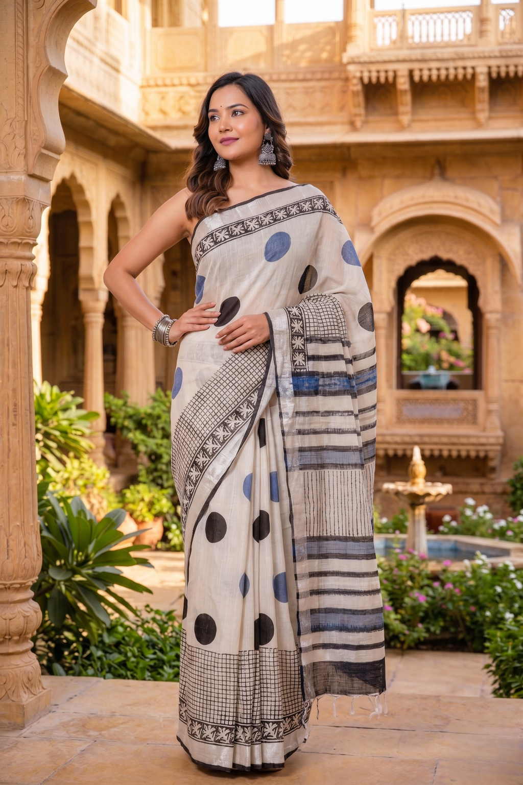 Indigo white Polka Printed Linen Saree with Silver Border